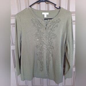 Charter Club Cardigan SzL Sage Green Long Sleeves Embroidered Front Panels